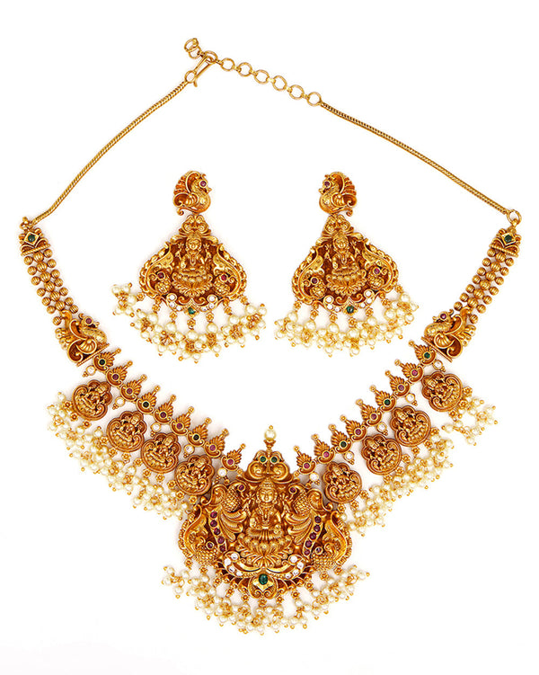 Women's Goddess Lakshmi Temple Design Brass Gold Toned Faux Pearls Adorned Jewellery Set - Voylla