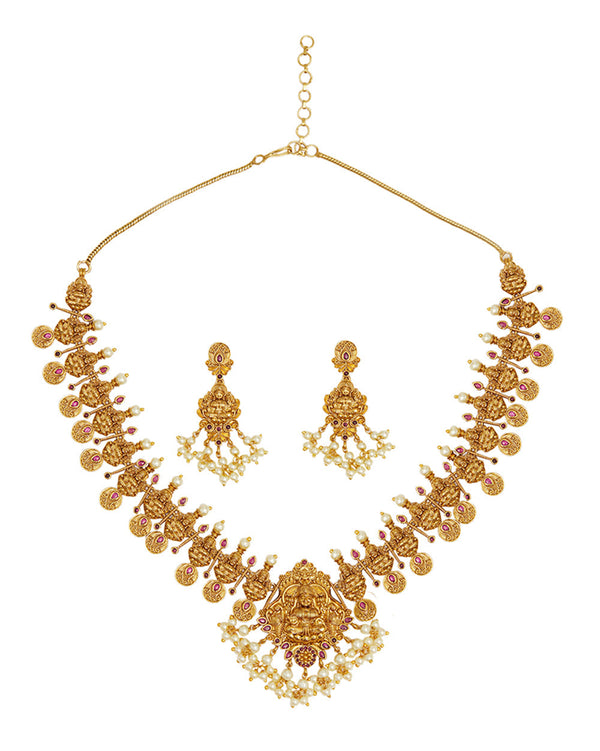 Women's Faux Pearls Adorned Temple Jewellery Inspired Brass Gold Toned Jewellery Set - Voylla