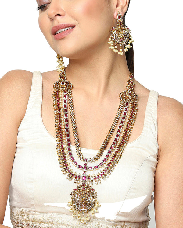 Women's Antique Inspired Opulent Cz And Faux Pearls Multi-Strand Brass Gold Plated Jewellery Set - Voylla