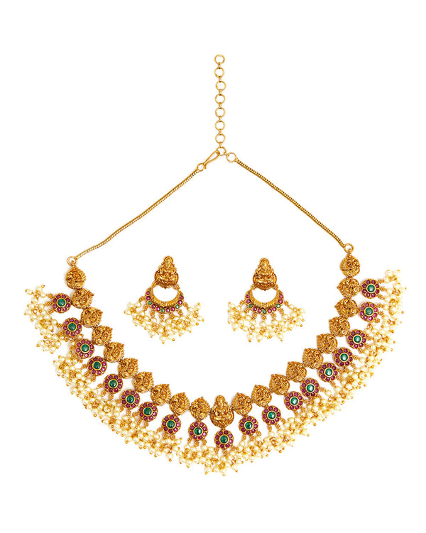 Women's Temple Inspired Brass Faux Pearls And Cz Adorned Gold Plated Jewellery Set - Voylla