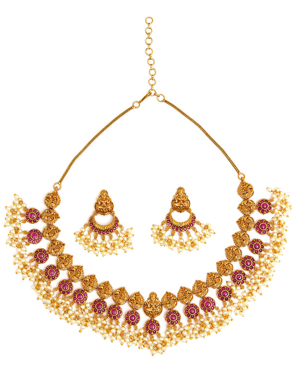 Women's Temple Design Divine Motifs Faux Pearls And Cz Adorned Brass Gold Plated Jewellery Set - Voylla