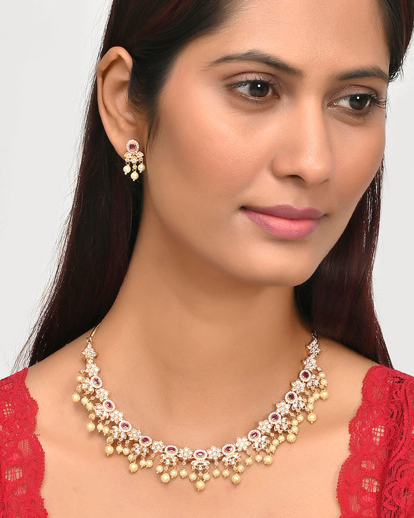 Women's Gold Opulence Meenakari Faux Pearls And Cz Adorned Gold Plated Jewellery Set - Voylla