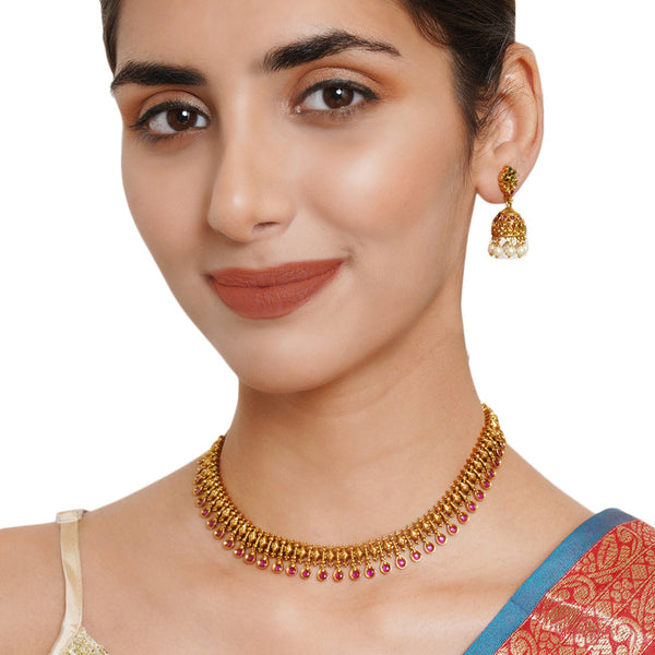 Women's Gold Opulence Ethnic Faux Pearls And Zircons Gold Plated Jewellery Set - Voylla