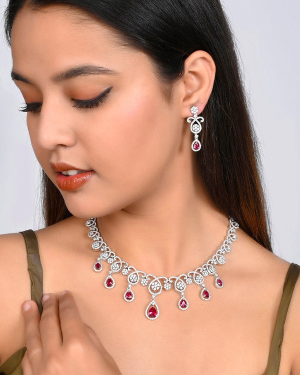 Women's Cz Elegance Red Teardrop Cut Jewellery Set - Voylla