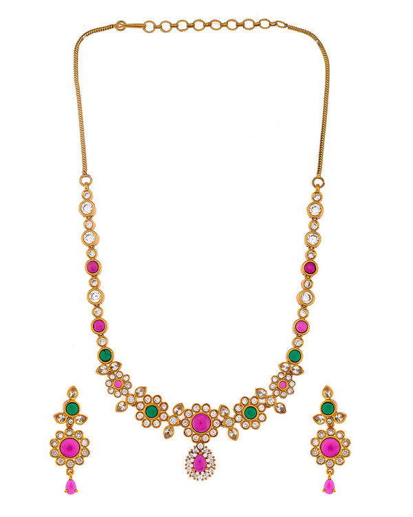 Women's Gold Opulence Floral Motif Green And Red Stones Jewellery Set - Voylla