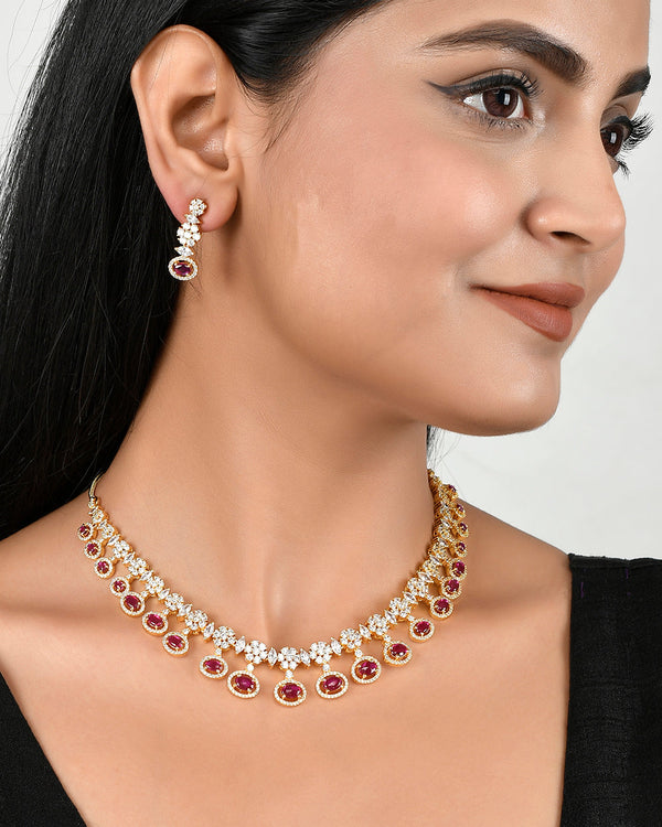 Women's Ruby Red And White Zirconia Jewellery Set - Voylla