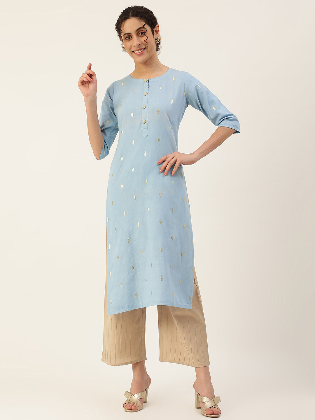 Women's Light Blue Color Pure Cotton Embroidery Straight Kurta - Vaaba