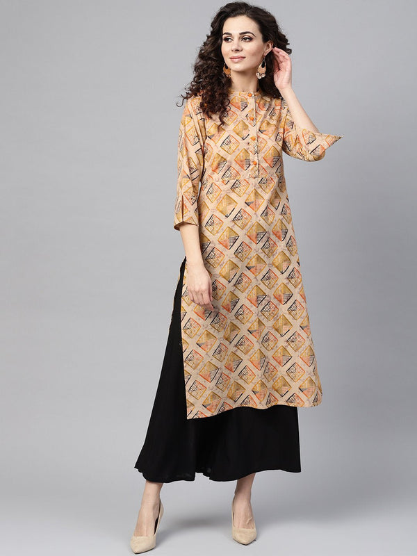 Women's Beige Multi-Colored Straight Kurta With Mandarin Collar With 3/4 Sleeves - Nayo Clothing