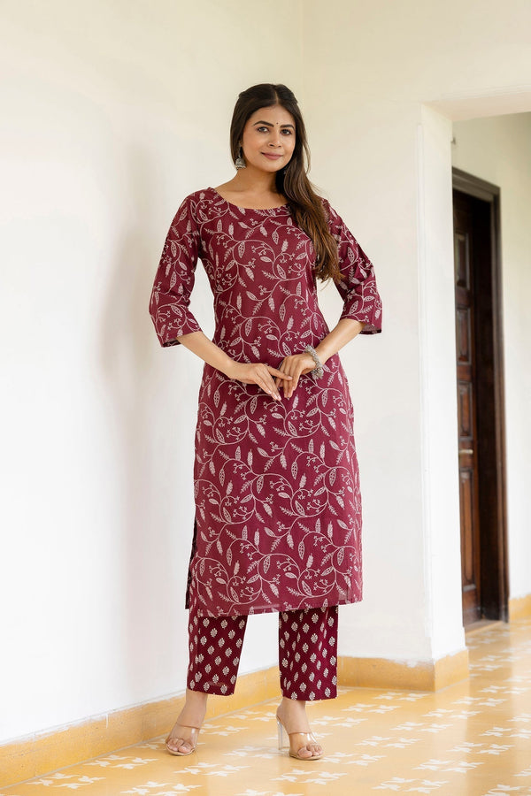 Women's Burgundy Printed Straight Kurta With Trouser - Taantav