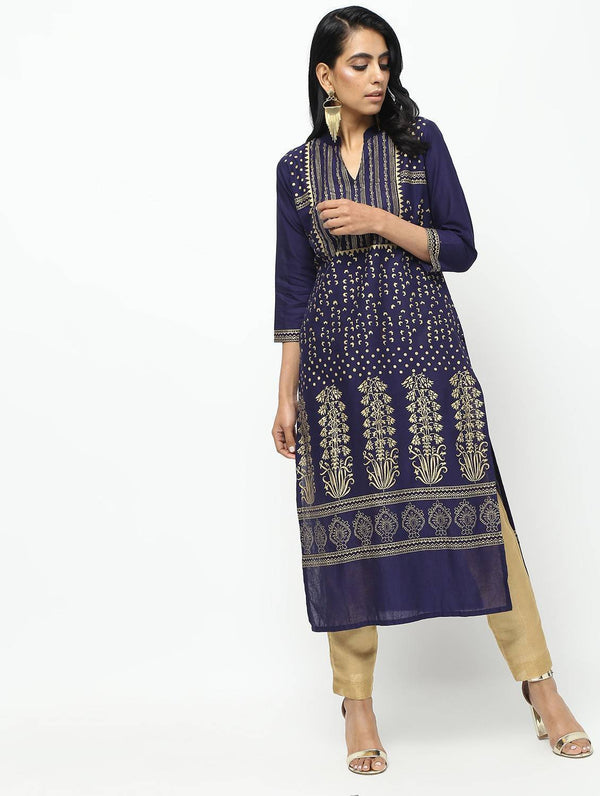 Women's Navy Blue Straight Foil Printed Long Kurta Only - Cheera