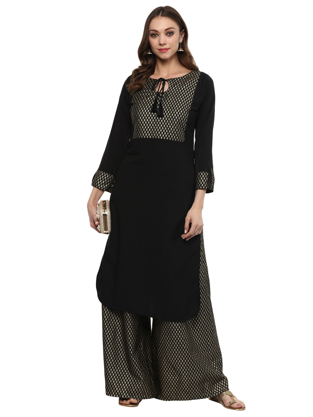 Women Black Foil Print Kurta & Palazzo Set by Ziyaa (2 Pc Set)