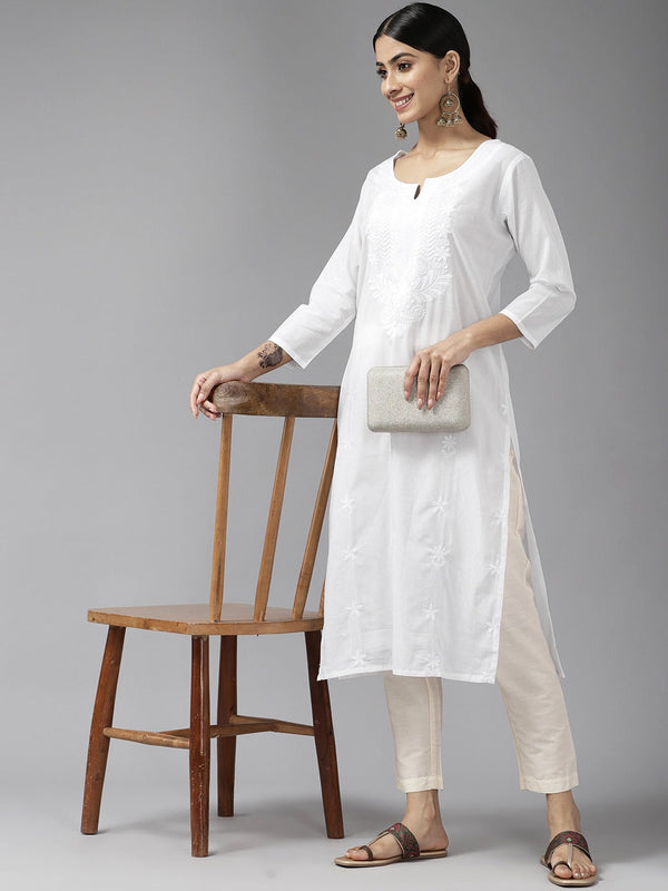 Embroidered Cotton Kurta-Indiakreations-JS1229KURWHS