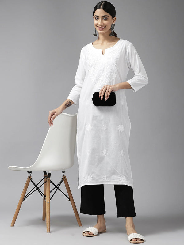 Embroidered Cotton Kurta-Indiakreations-JS1230KURWHS