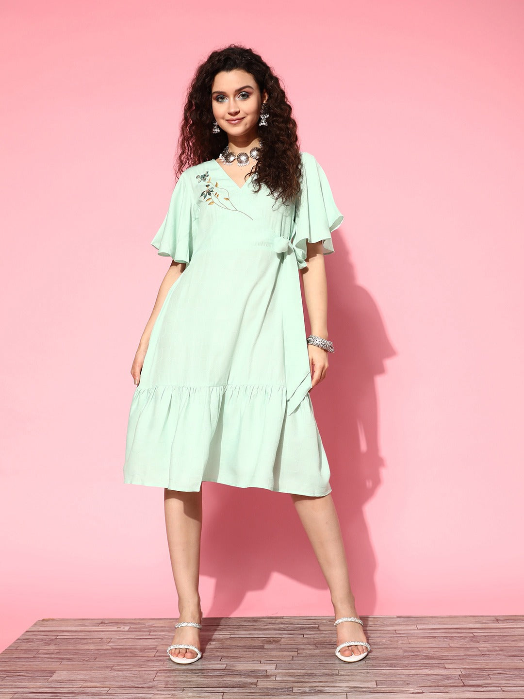 Embroidered Tiered Wrap Dress-Indiakreations-JS8142DRSSGXS