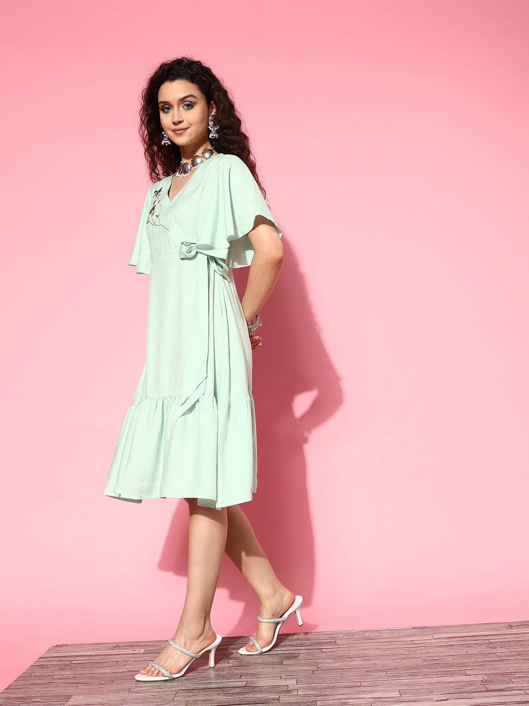 Embroidered Tiered Wrap Dress-Indiakreations-JS8142DRSSGXS