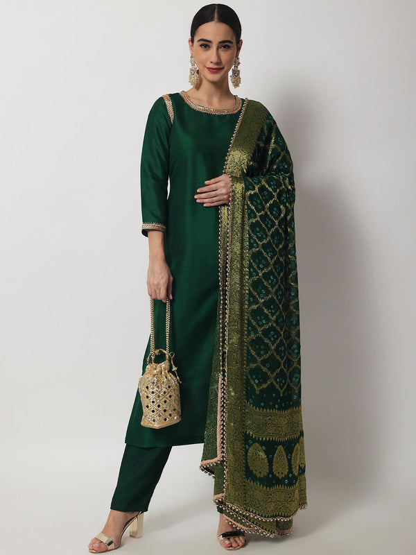 Women's Emerald Green Straight Kurti With Straight Pants And Banarasi Bandhej Dupatta - Anokherang