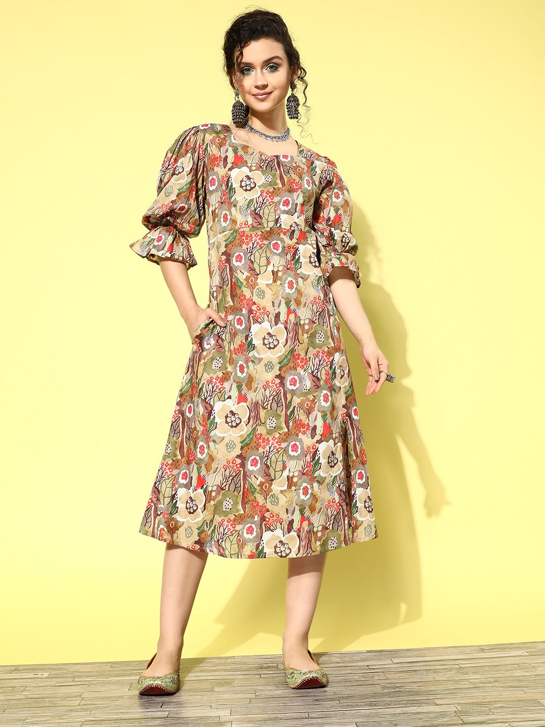 Ethnic Motifs Midi Dress-Indiakreations-JS1209DRSOLXS