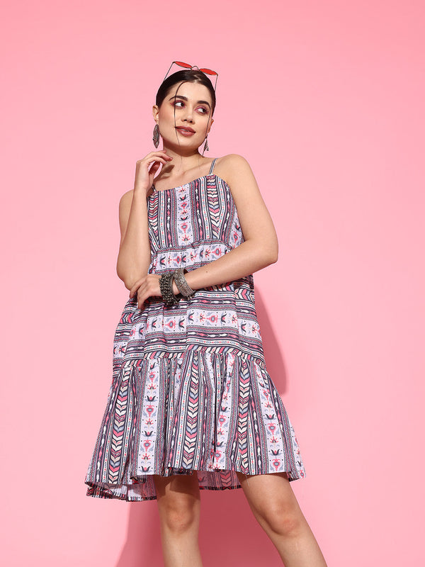 Ethnic Motifs Print A-Line Pure Cotton Ethnic Dress-Indiakreations-JS1412DRSBLS