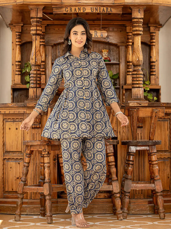 Ethnic Motifs Print Navy Blue Cotton Co-Ord Set-Indiakreations-JS1821CRDNBS