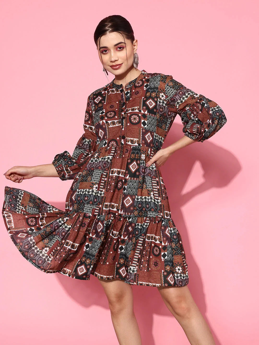 Ethnic Motifs Print Puff Sleeves Tiered Fit & Flare Pure Cotton Dress-Indiakreations-JS1163DRSRTS