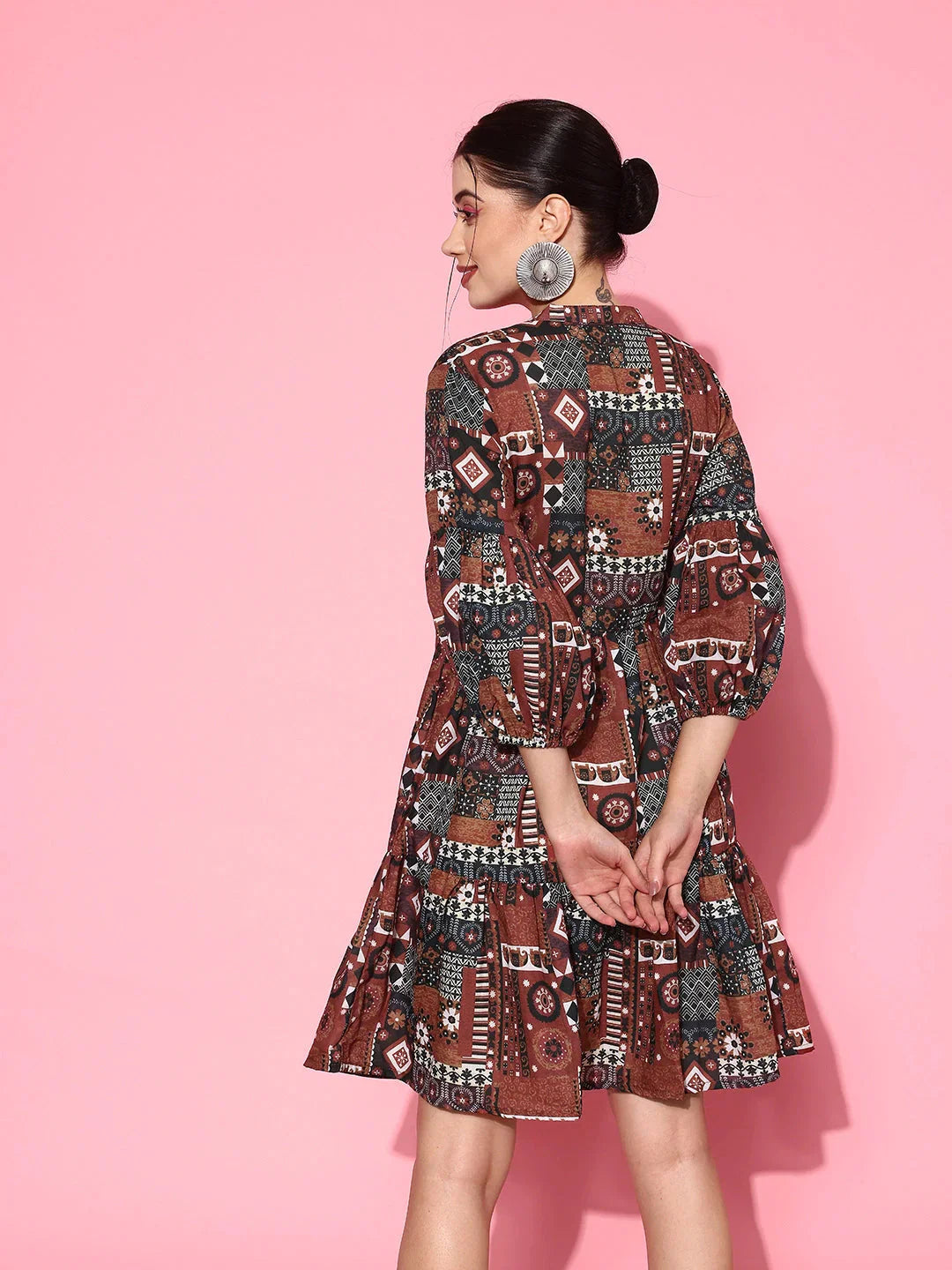 Ethnic Motifs Print Puff Sleeves Tiered Fit & Flare Pure Cotton Dress-Indiakreations-JS1163DRSRTS