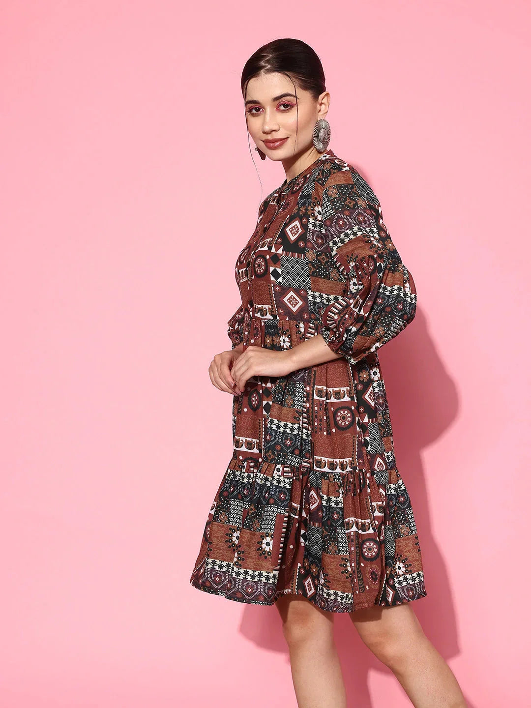 Ethnic Motifs Print Puff Sleeves Tiered Fit & Flare Pure Cotton Dress-Indiakreations-JS1163DRSRTS