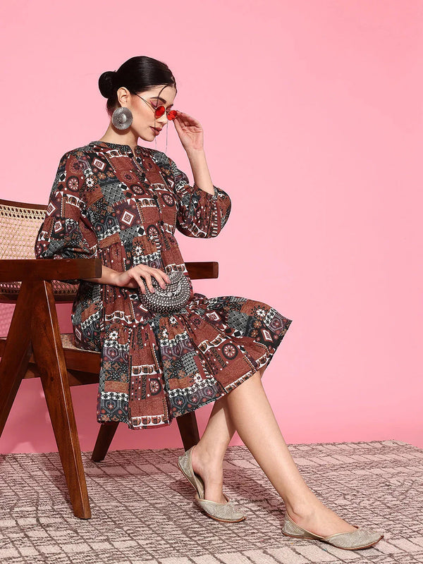 Ethnic Motifs Print Puff Sleeves Tiered Fit & Flare Pure Cotton Dress-Indiakreations-JS1163DRSRTS