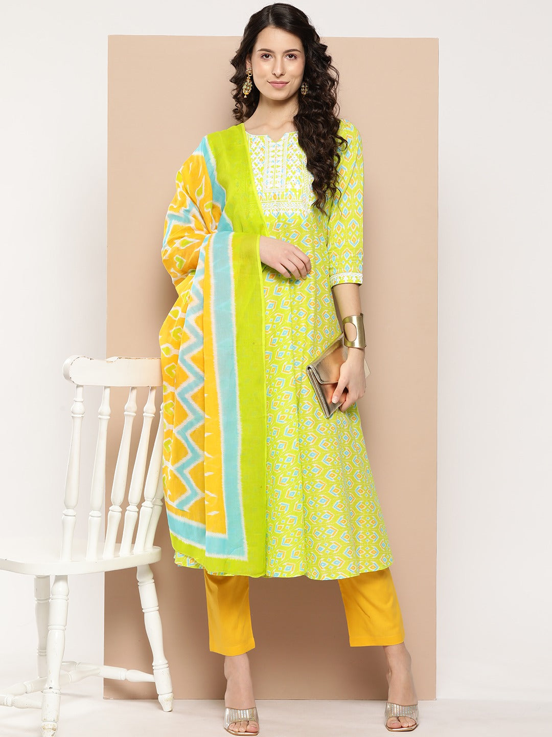 Ethnic Motifs Printed Thread Work Detail Cotton A-Line Kurta with Trousers & Dupatta-Indiakreations-JS1336SKDGRS