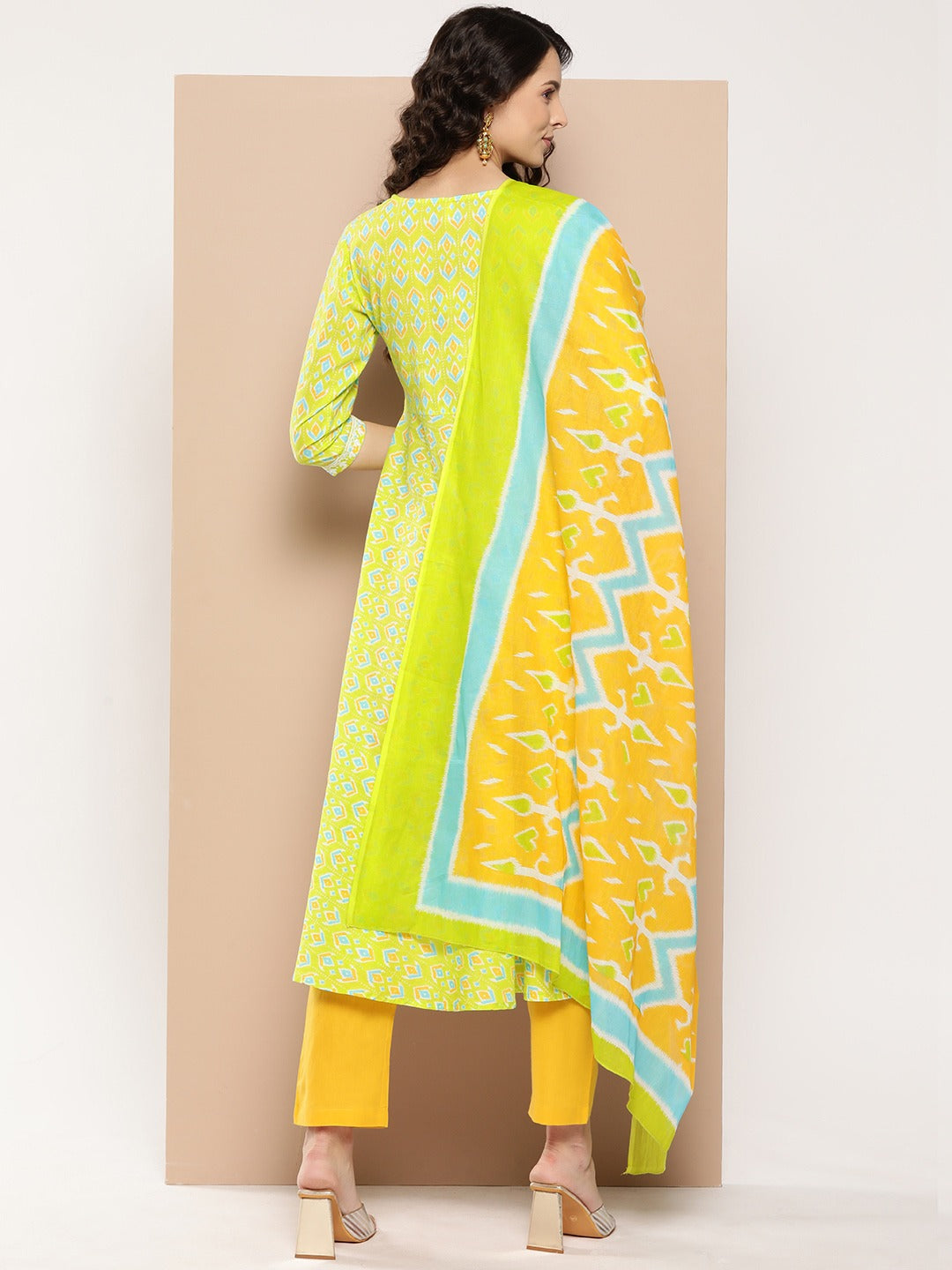 Ethnic Motifs Printed Thread Work Detail Cotton A-Line Kurta with Trousers & Dupatta-Indiakreations-JS1336SKDGRS