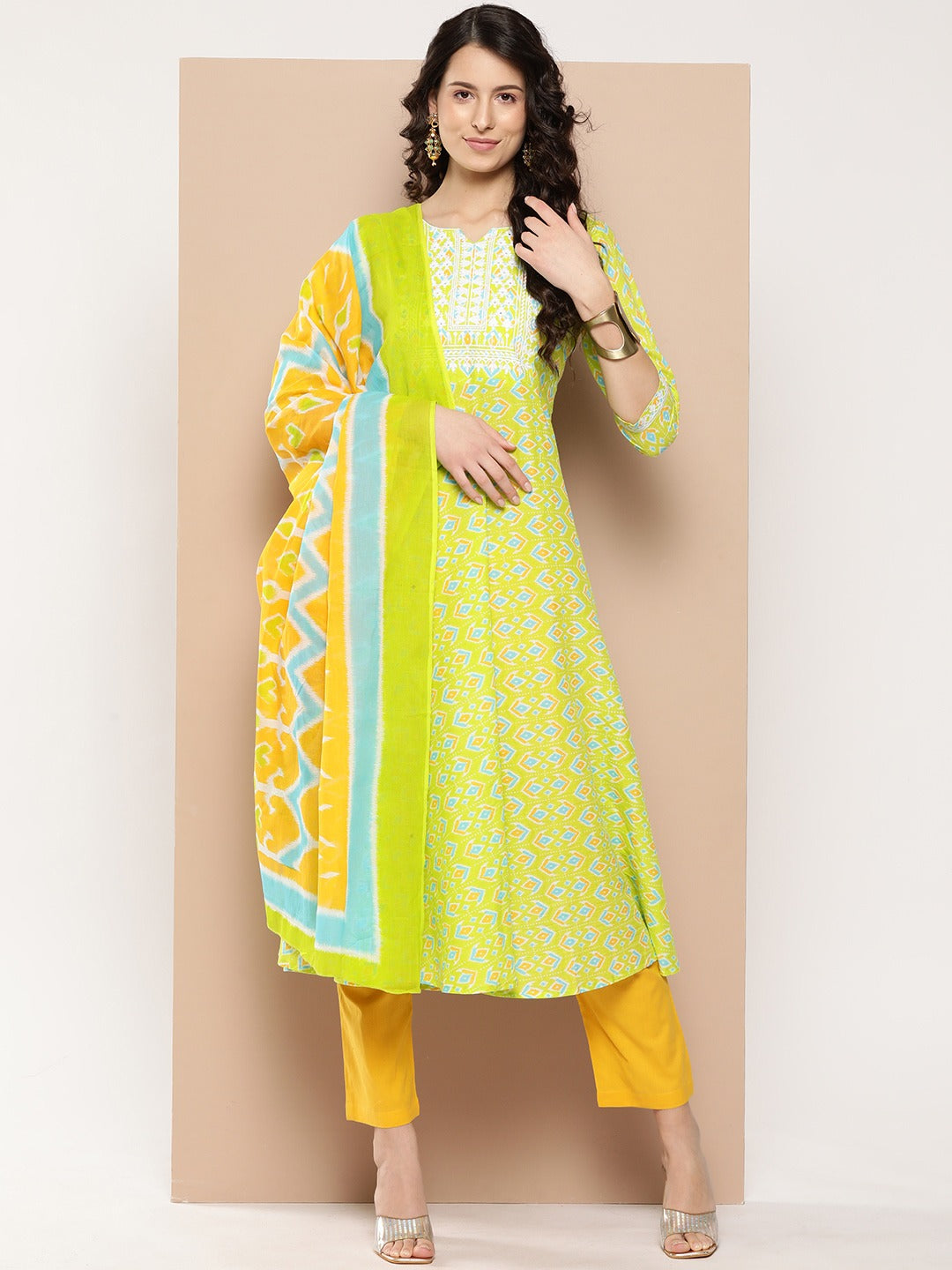 Ethnic Motifs Printed Thread Work Detail Cotton A-Line Kurta with Trousers & Dupatta-Indiakreations-JS1336SKDGRS