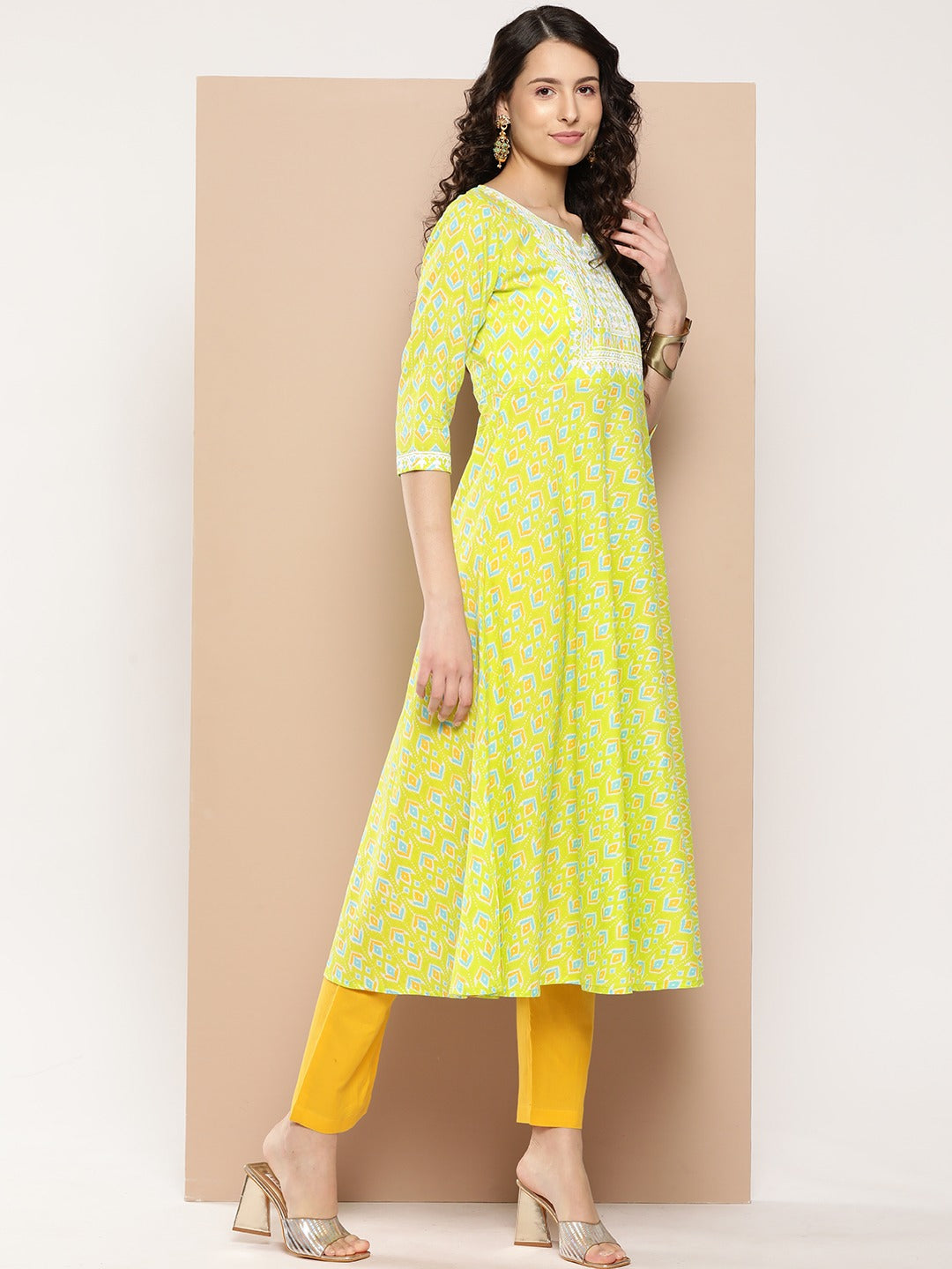 Ethnic Motifs Printed Thread Work Detail Cotton A-Line Kurta with Trousers & Dupatta-Indiakreations-JS1336SKDGRS