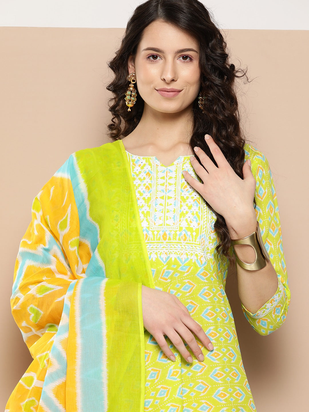 Ethnic Motifs Printed Thread Work Detail Cotton A-Line Kurta with Trousers & Dupatta-Indiakreations-JS1336SKDGRS