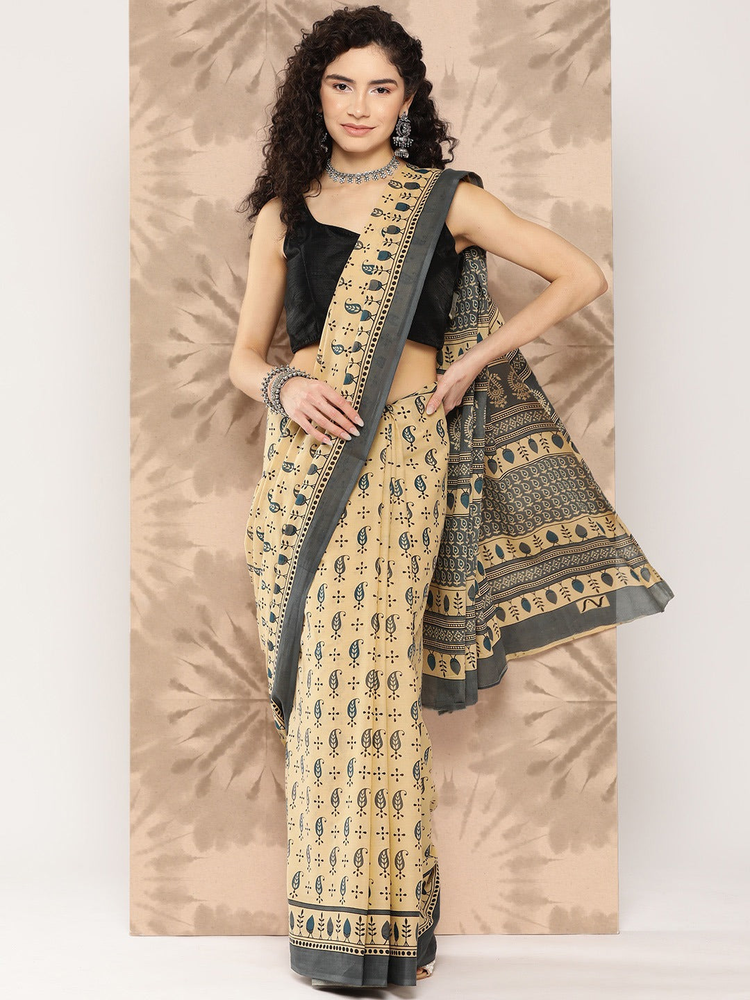 Ethnic Motifs Pure Cotton Handwoven Saree-Indiakreations-JS1325SARBG