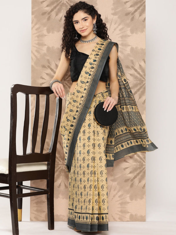 Ethnic Motifs Pure Cotton Handwoven Saree-Indiakreations-JS1325SARBG