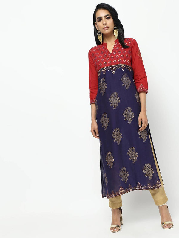 Women's Red-Blue Straight Printed Kurta Only - Cheera