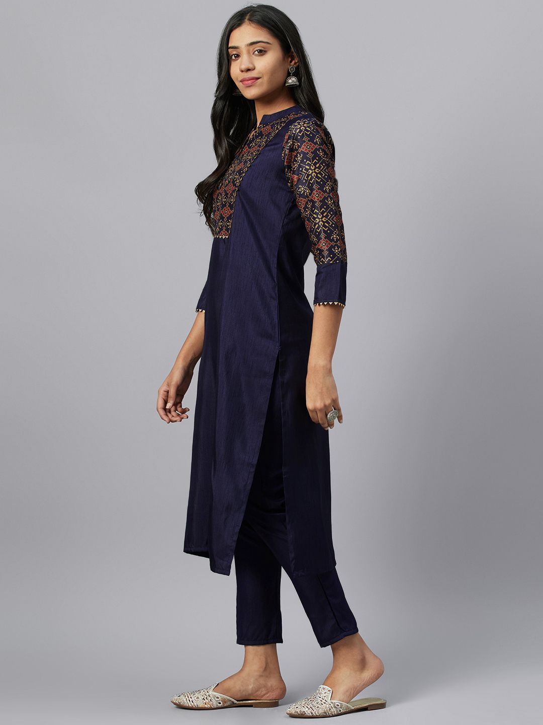 Women's Navy Blue Poly Silk Screen Printed Straight Kurta - Ziyaa