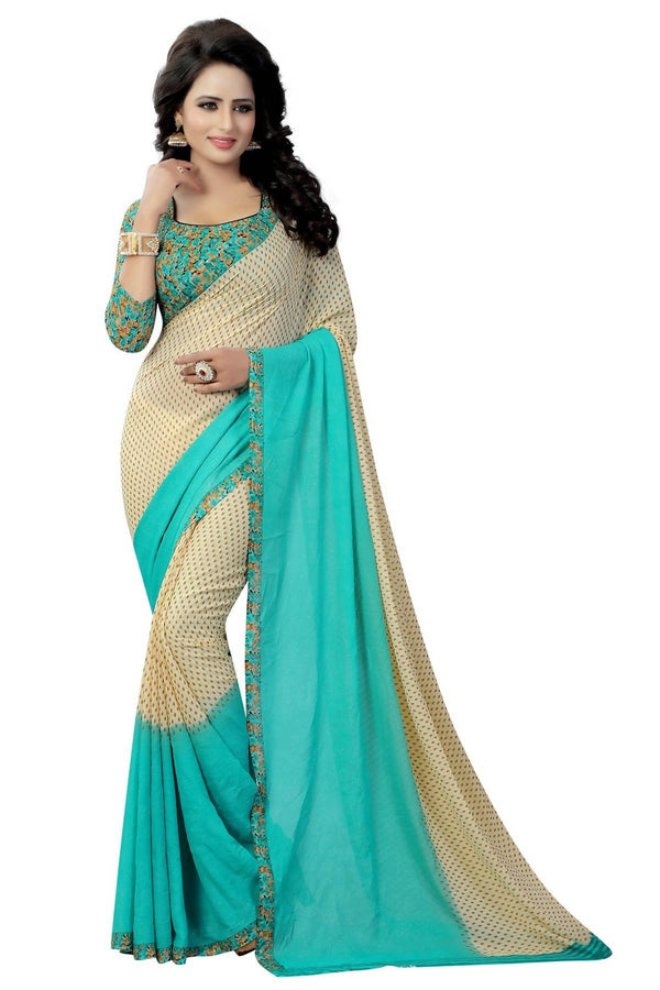 Women's Vamika Rama Green Georgette Printed Contemporary Saree Pading Rama - Vamika