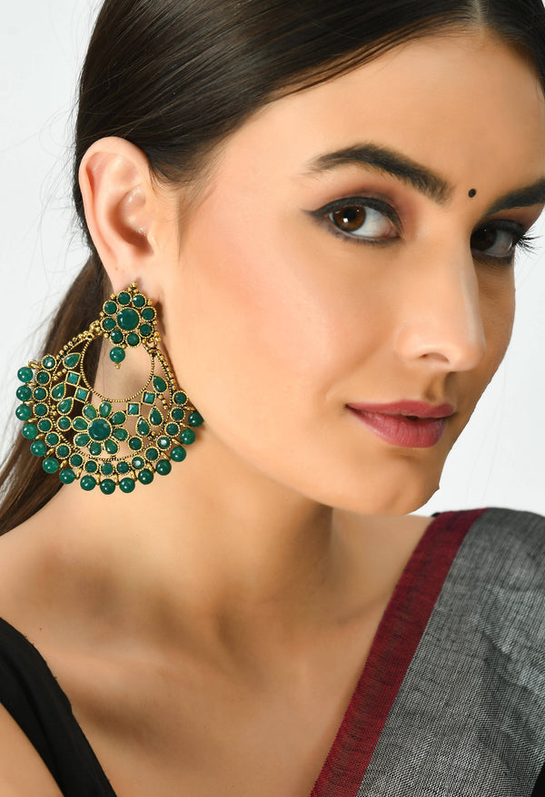 Johar Kamal Gold-Plated Kundan & Pearls Green Color Earrings Jker_066