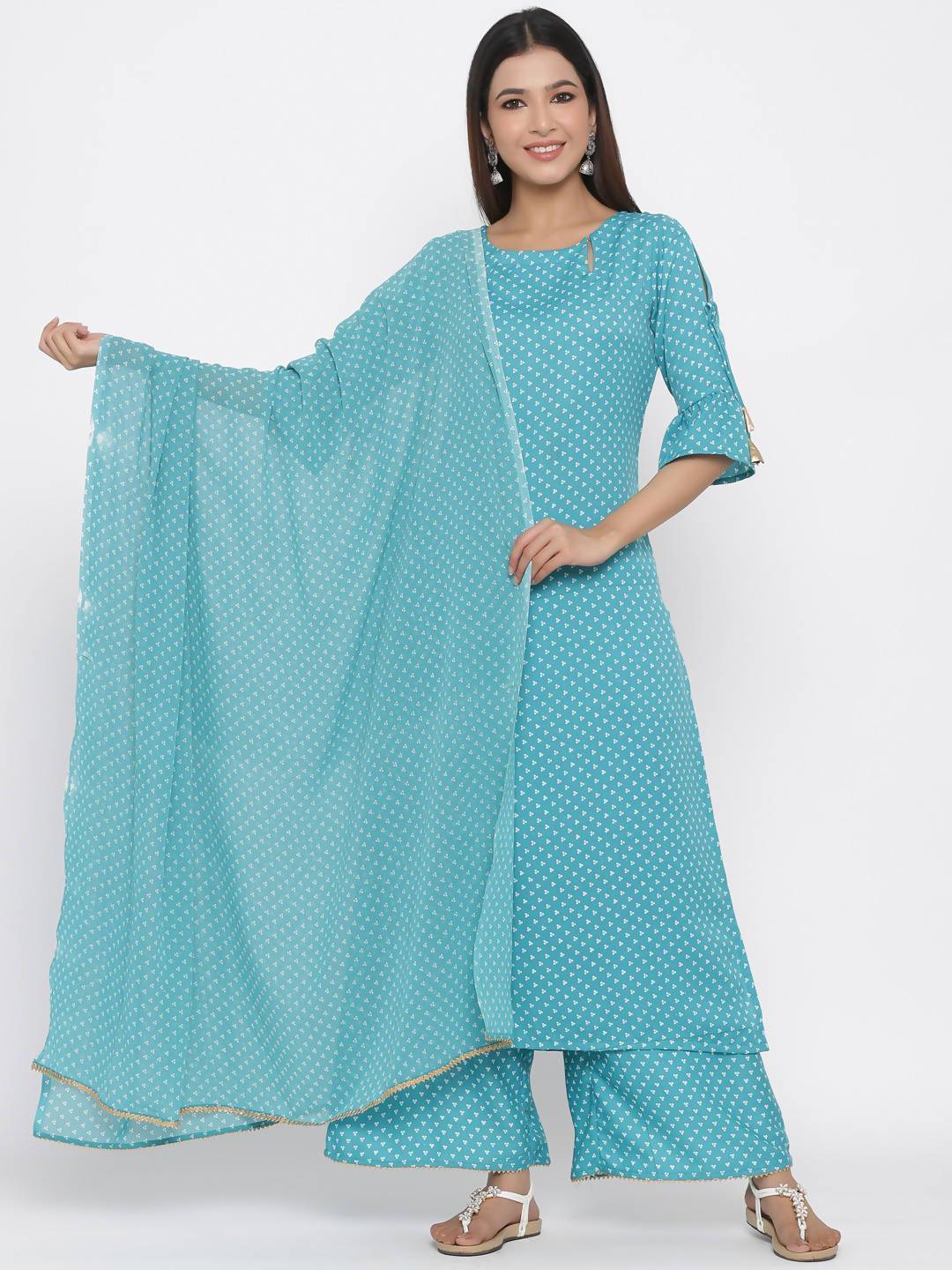 Women's Teal Satin Printed Straight Kurta Palazzo Dupatta Set - Juniper