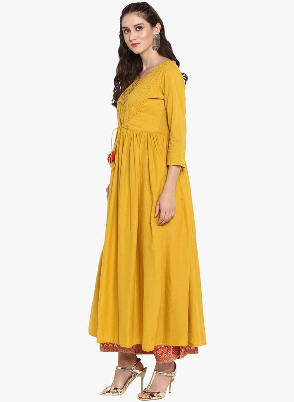 Women's Mustard Embroidered A Line Kurta - Varanga