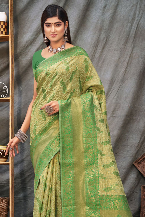 Women's Beige Organza Woven Zari Work Traditional Tassle Saree - Sangam Prints