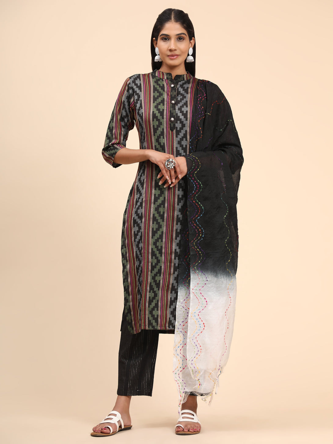 Women's Printed Straight Cotton Blend Black Stitched Kurta Pant With Dupatta - Vbuyz