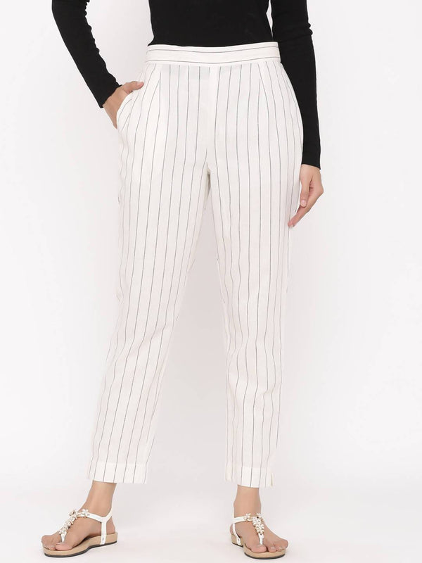 Women's Offwhite Cotton Striped Straight Pants - Juniper