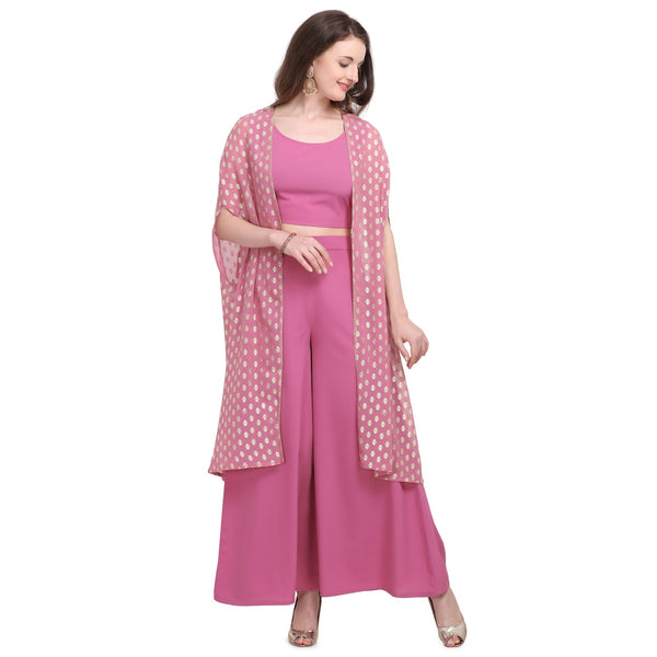 Women's Crepe Rubber Print Pinktop Plazzo With Shrug - Vamika