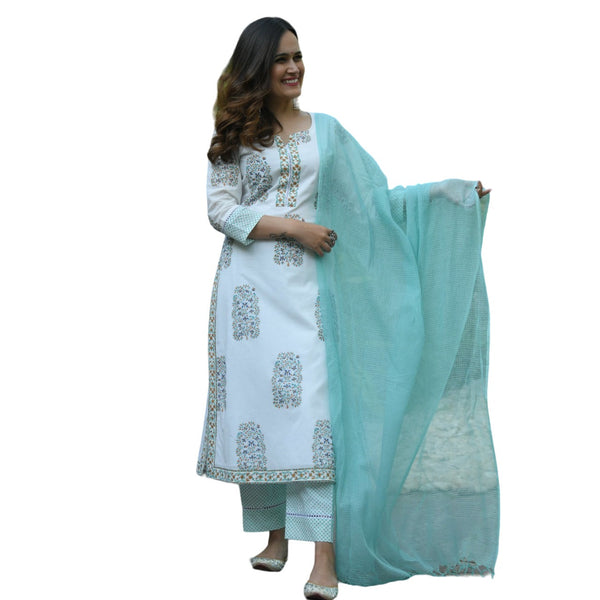 Women's Poly Rayon Printed White & Sea Greenkurta Set/Suit - Vamika