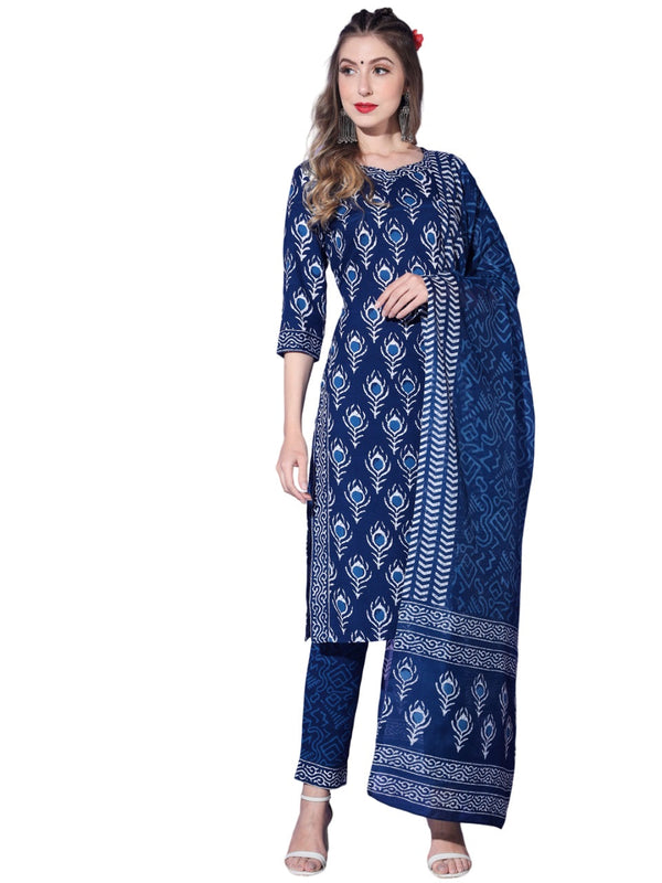 Women's Poly Rayon Printed Royal Blue Kurta Set/Suit - Vamika