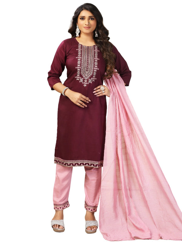 Women's Chinon Embroidery Mahroon Kurta Set/Suit - Vamika