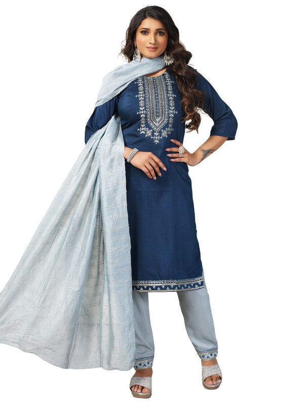 Women's Chinon Embroidery Bluekurta Set/Suit - Vamika