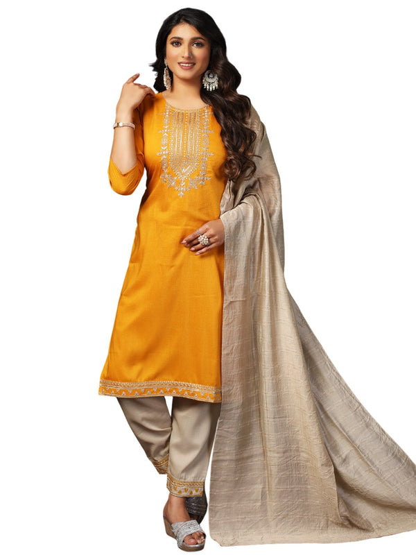 Women's Chinon Embroidery Mustardkurta Set/Suit - Vamika