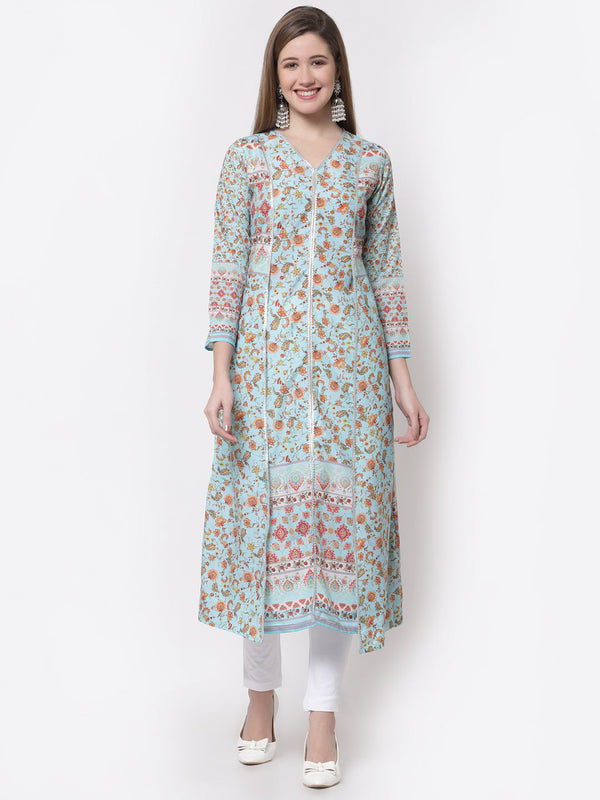 Women's Stylish Pure Cotton Square Neck 3/4 Sleeve Printed Kurta  - Myshka